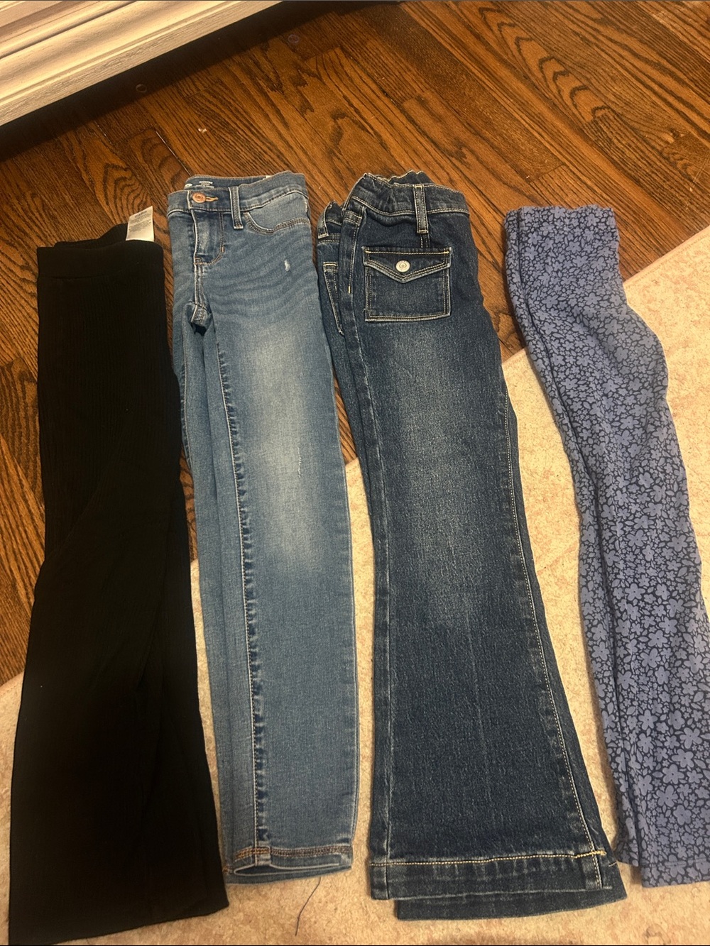 Lot of 4 Girls' Pants - Black Leggings, Light & Dark Denim, Blue Floral Leggings
